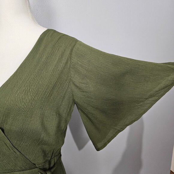 Lost & Wander Baja New Tie Waist Flutter Short Sleeve V Neck Olive Dress - Picture 6 of 12